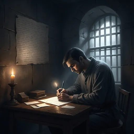 Prompt: Detailed, surreal digital painting of a man writing a letter in a dimly lit prison cell, mystical glowing words, haunting shadows, haunting, ethereal, supernatural, realistic, moody lighting, intricate details, mystical, dark tones, spiritual, expressive, detailed hands, mystical atmosphere, high quality, digital painting, dimly lit, spiritual, haunting shadows, supernatural, detailed hands, moody lighting