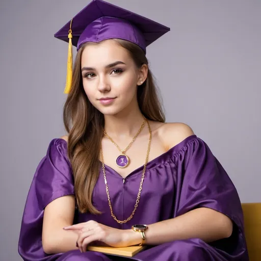 Prompt: Prompt title: Creation
Generate or create image of extremely beautiful young woman with a perfect body wearing a purple and gold graduation gown and necklace with smart watch ,with diploma in hand sitting in a studio 