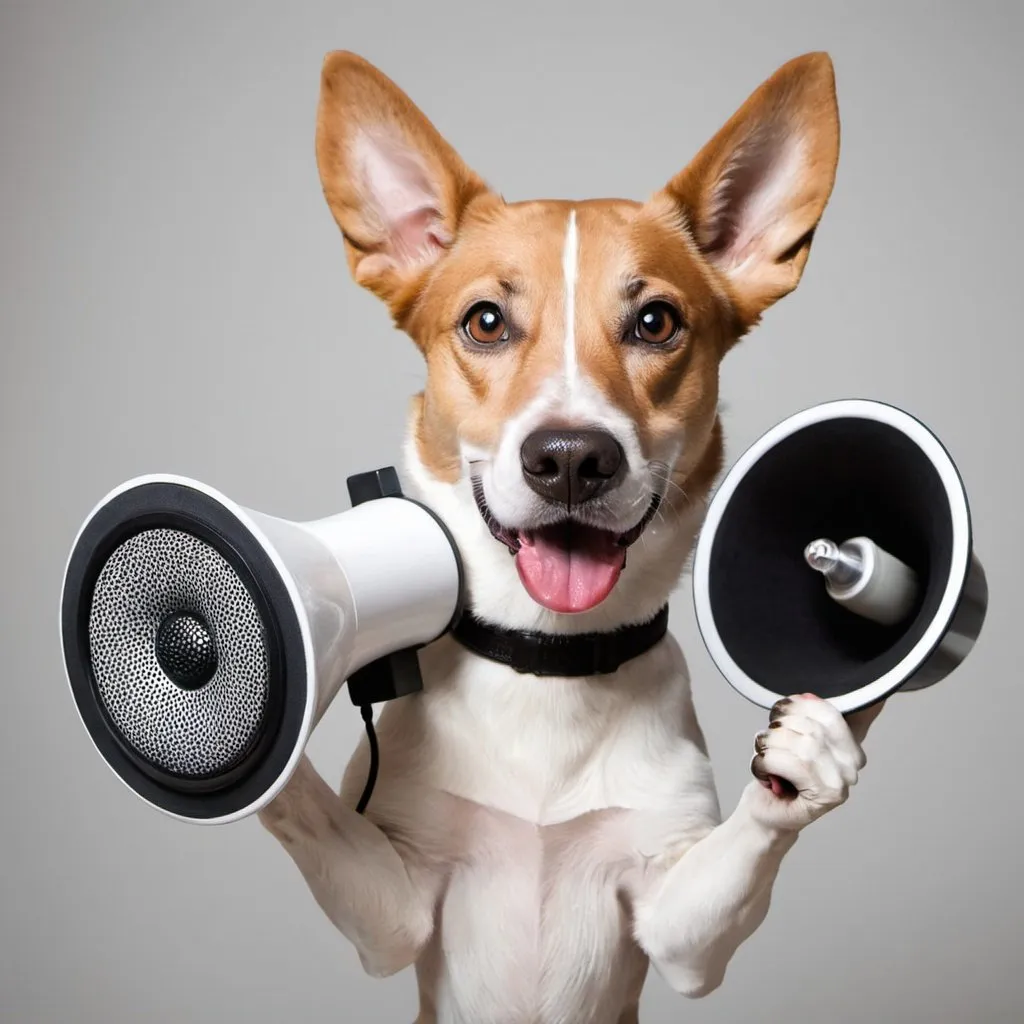 Prompt: Dog holding loudspeaker