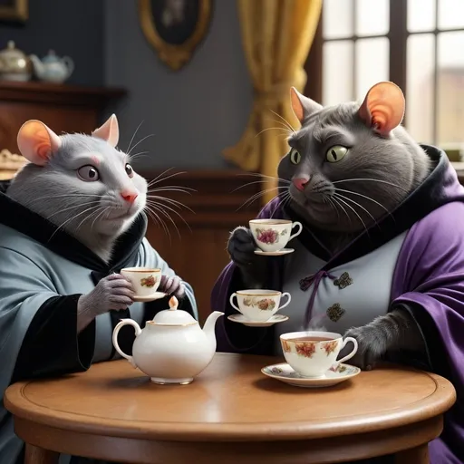 Prompt: A grey rat and black fat cat in velvet robes are drinking tea at the table together and talking