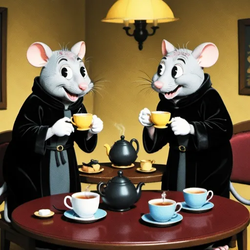 Prompt: A grey rat in velvet robes are drinking tea at the table together and talking black fat cat in velvet robes are drinking tea at the table together and talking