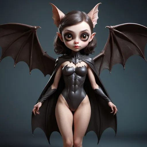 Prompt: Beautiful anthromorphic bat woman, cute big eyes, large wings in place of arms, tall body, long legs,  8k realism
