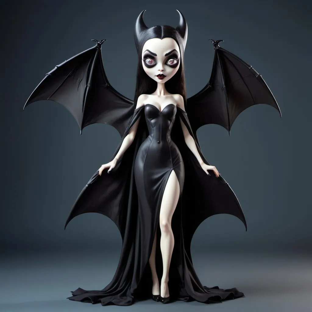 Prompt: Beautiful anthromorphic bat woman, cute big eyes, large wings in place of arms, tall body, long legs,  8k realism,  black morticia dress
