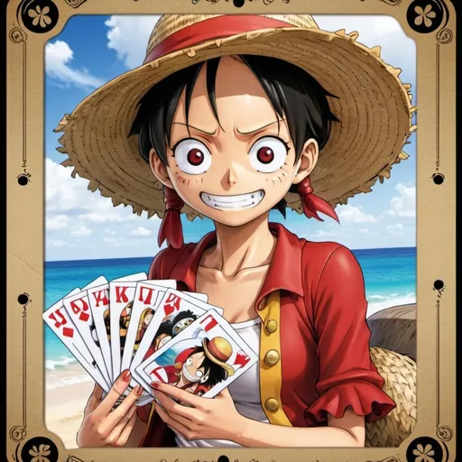 Prompt: Female Straw Hat Luffy collecting cards