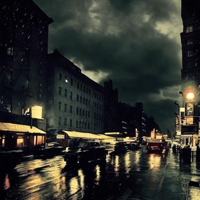 Prompt: A rainy, cloudy, dark scenery where the lights of new york are showing make it look like its the 1900's.