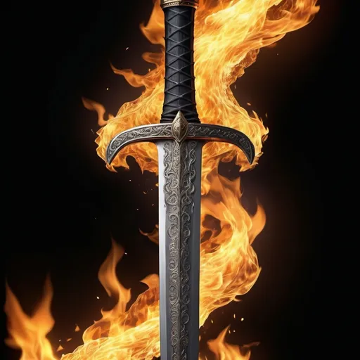 Prompt: Realistic medieval sword engulfed in flames, intricate details, high resolution, realism, black background, intense lighting, fiery ambiance, detailed metalwork, flawless flames, professional art, high quality, ultra-detailed, flames, medieval, intricate design, realistic, intense lighting, professional art