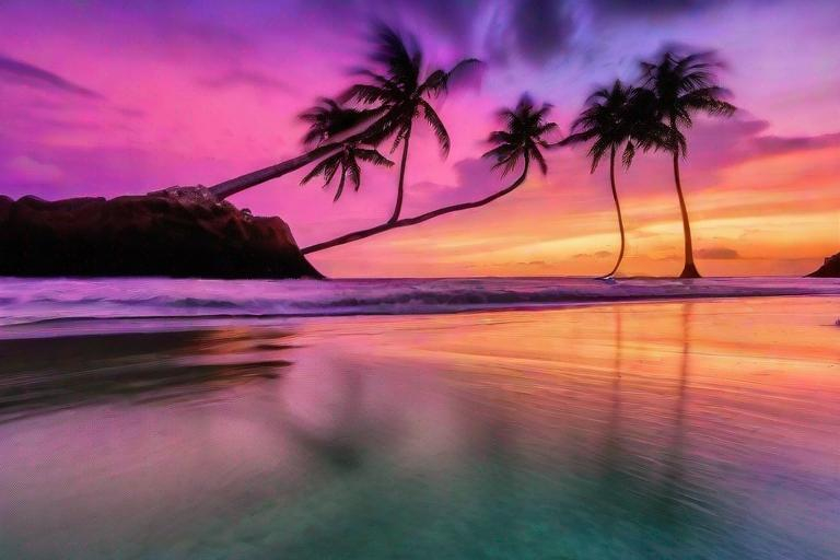 Prompt: a colourful tropical sunset over a tropical beach