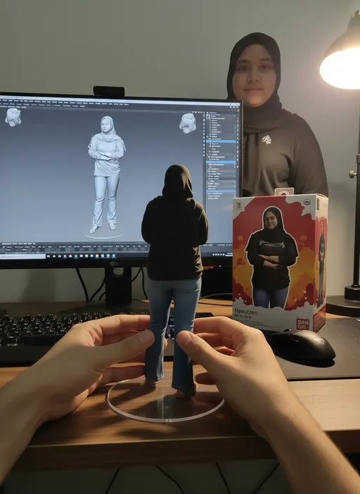 Prompt: Nure two hand gently pick up the figure on the frame and rotate it slightly for inpection.the model in the packaging box remain stationary,while all other background elements stay unchanged.