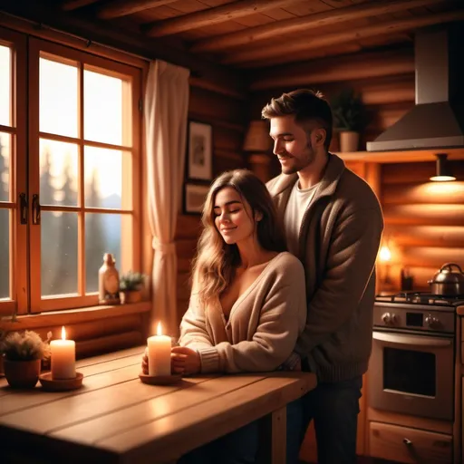 Prompt: Romantic couple in a cozy cabin, realistic photo style, warm lighting, intimate atmosphere.