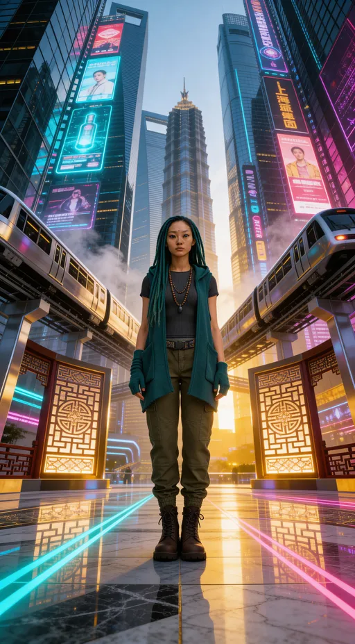 Prompt: @HyBOK3L2QJPBz7yXzEYW Is in a futuristic version of Shanghai China in very captivating and luxurious 