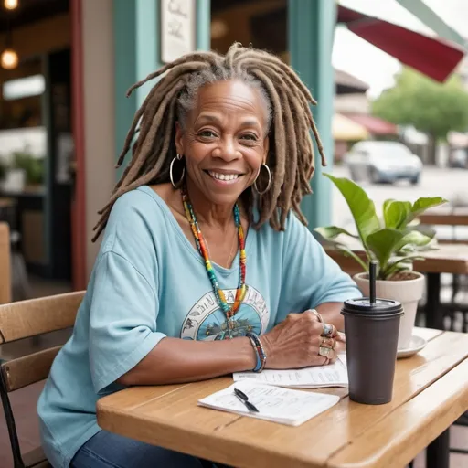 Prompt: create a realistic image of a beautiful 60 year old black women ,with dreadlocks, with a pleased facial expression, with a flattering colorful  tunic ,light blue jeans, converse sneakers, a boho letter cross body bag. Sitting outside at a cafe table, on the cafe table is a tumbler with the letters SNEKIA facing forward, in a setting of beautiful house plants. 