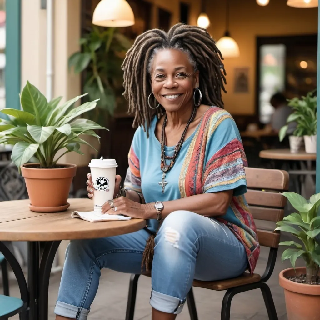 Prompt: create a realistic image of a beautiful stylish 60-year-old black women, with dreadlocks, with a pleased facial expression, with a flattering multi colorful tunic, light blue jeans, converse sneakers, a boho letter cross body bag. Sitting outside at a cafe table, on the cafe table is a tumbler, with bold letters SNEKIA on the tumbler. she is sitting slightly sideways to show her converse sneakers and light blue jeans, in a setting of beautiful house plants. 