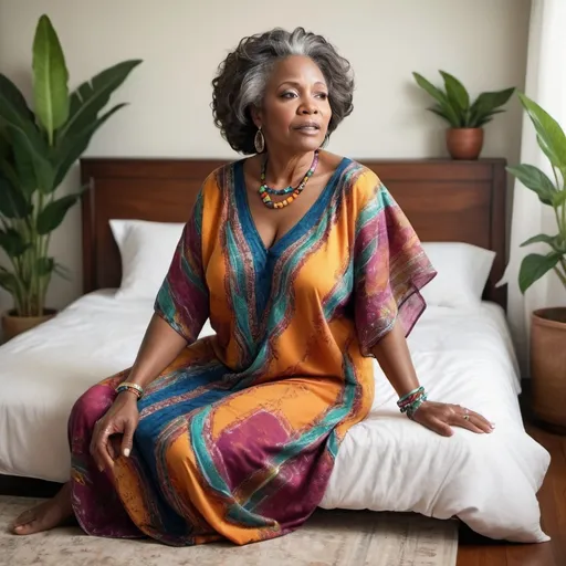 Prompt: create a realistic image of a beautiful dark skinned, stylish 60-year-old ,plus size, black women, with a flattering colorful caftan dress, she is barefoot with an angle bracelet on. praying on the floor beside her bed in a beautiful bedroom with plants. With her hands lifted in praise, her eyes are closed, with tears on her cheeks.