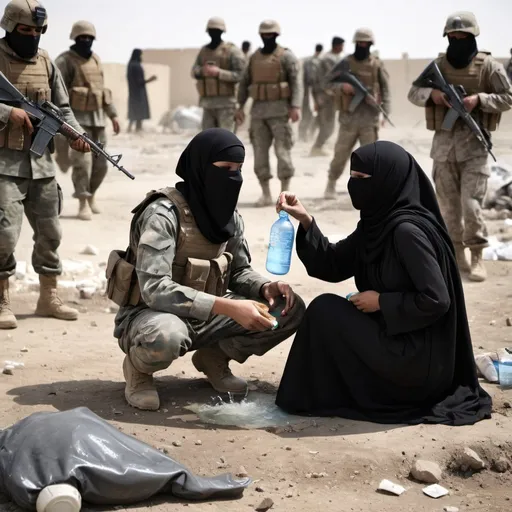 Prompt: niqabi woman feeding water to wounded male soldier in a battle field with destruction and chaos around