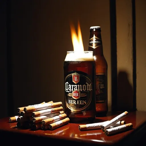 Prompt: create e picture teable so in bootleb beer en pack cigarets eroond in dark room