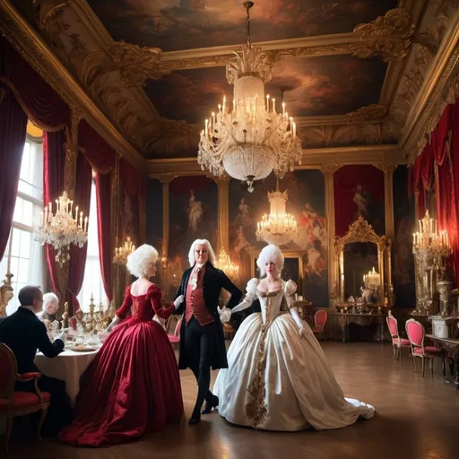 Prompt: (elegant image of 18th-century aristocracy celebrating), festive ballroom filled with dancing nobles in (extravagant, flowing gowns) and (white wigs), opulent palace decor with (devil-themed wallpapers), rich velvet drapes, candlelight casting warm glows, vibrant colors, high-contrast, intricate detail, (historical accuracy), enchanting atmosphere of decadence and joy, (ultra-detailed, 4K).