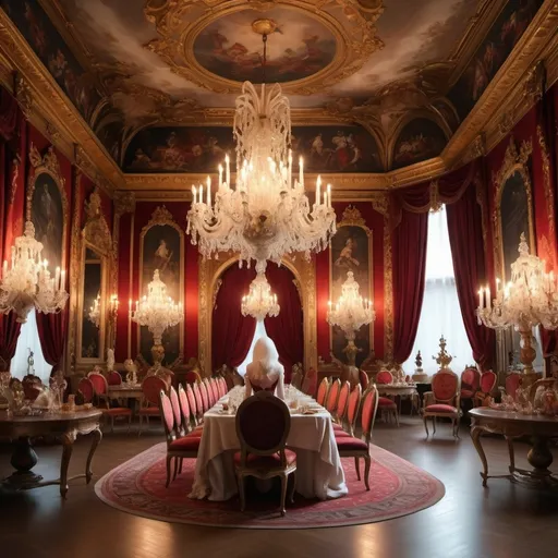 Prompt: (elegant image of 18th-century aristocracy celebrating), festive ballroom pipol  filled with dancing nobles in (extravagant, flowing gowns) and (white wigs), opulent palace decor with vizablegood end big  (devil-themed wallpapers), rich velvet drapes, candlelight casting warm glows, vibrant colors, high-contrast, intricate detail, (historical accuracy), enchanting atmosphere of decadence and joy, (ultra-detailed, 4K).