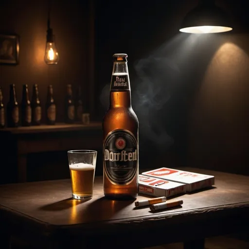 Prompt: create e picture teable so in bootleb beer en pack cigarets eroond in dark room