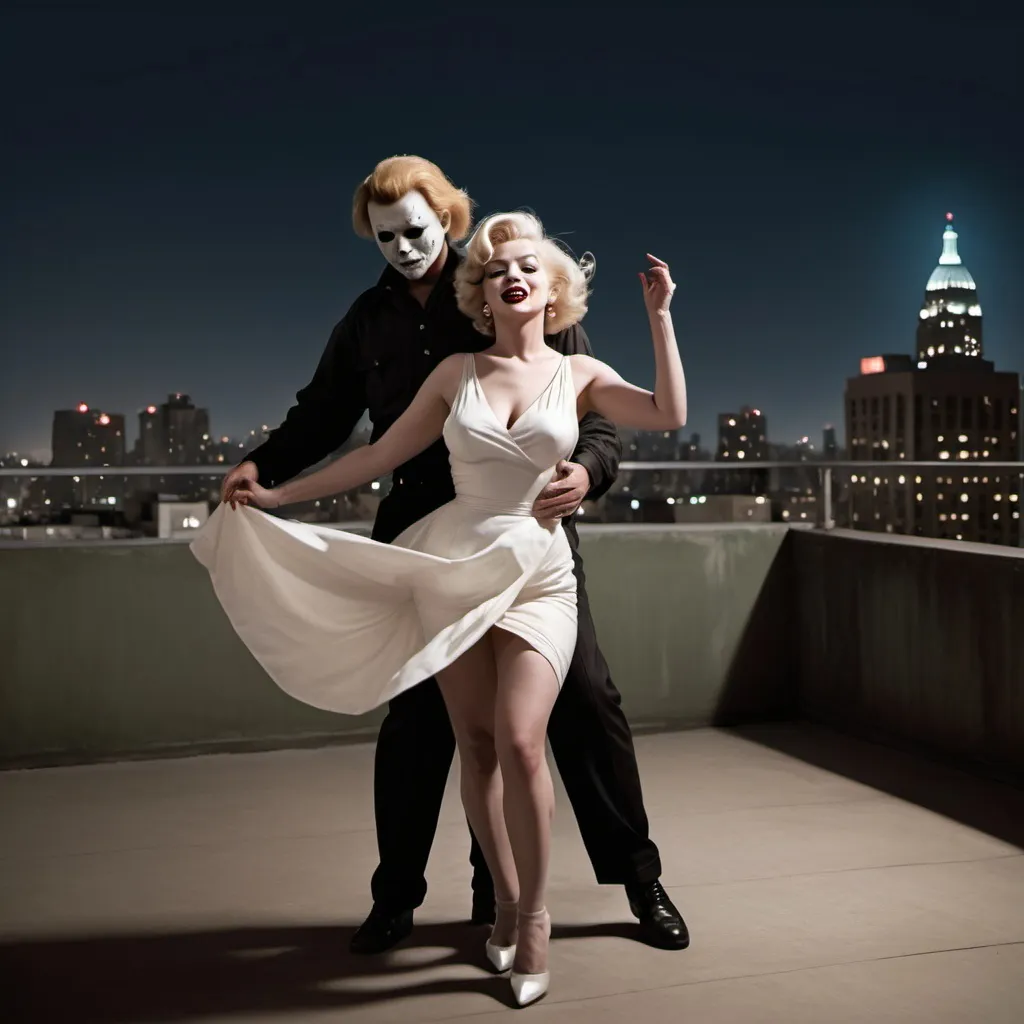 Prompt: Realistic photo of Marilyn Monroe dancing with Michael Myers at the rooftop during the night