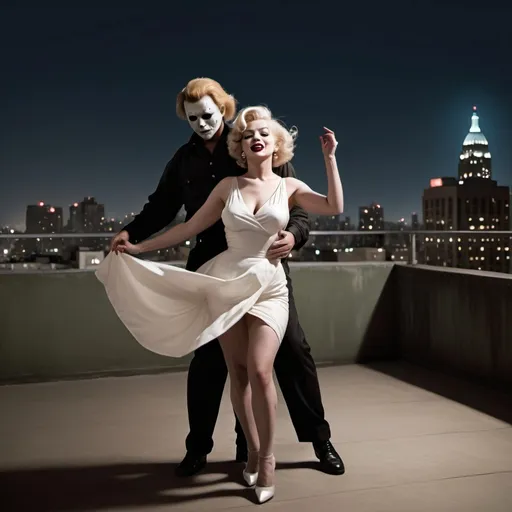 Prompt: Realistic photo of Marilyn Monroe dancing with Michael Myers at the rooftop during the night