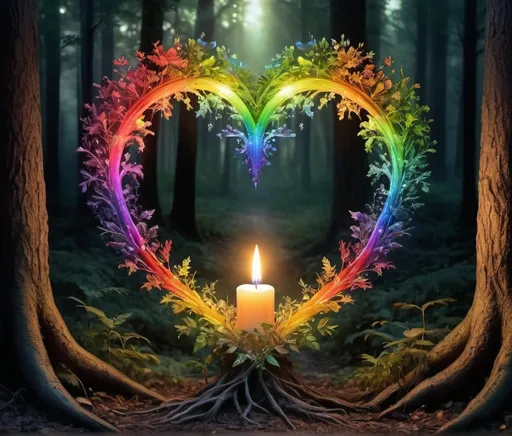 Prompt: candle lit rainbow heart in a mythical setting including elements from nature