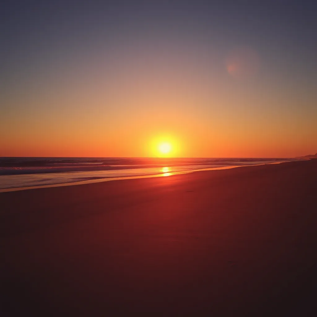 Prompt: bright sunset on the beach illuminating the sand