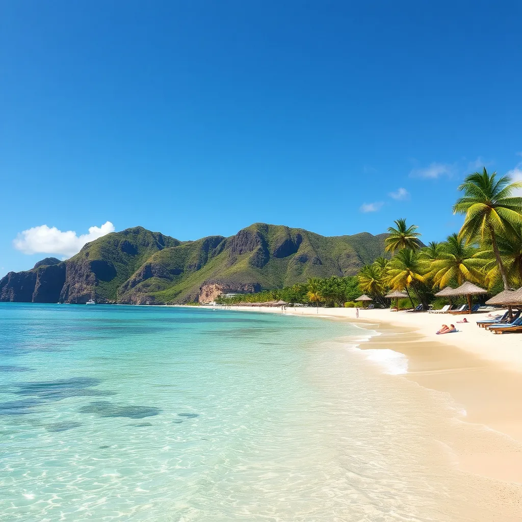 Prompt: beautiful sunny beach with green water in hawaii