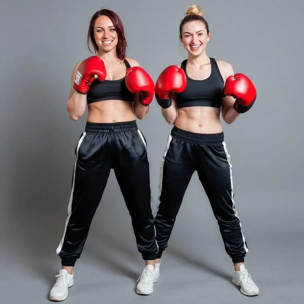 Prompt: 2 women in their 30s wearing boxing gloves looking happy. realistic. wearing tracksuit trousers
