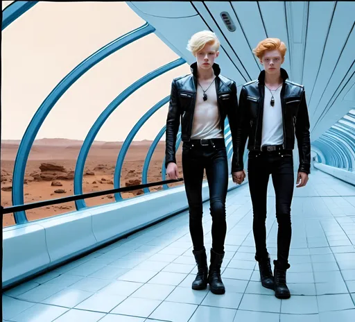 Prompt: the couple of skinny 18-year old young men one is blonde, the other ginger. The two are wearing skin-tight jeans, gothic boots, and leather jackets. They are walking together in a glass half-tube on Mars. A dome-like station is in the background.