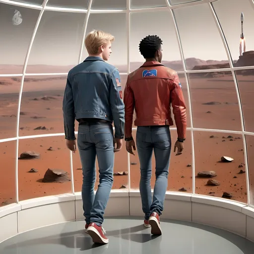 Prompt: Two thin young men, 18 years old, seen from behind, one is blond European, the other African American. Denim jacket, skin-tight jeans, red Chucks. They are in a glass dome on Mars. They are enjoying the panorama of the Martian landscape. The dome has struts that divide it into individual window segments. Far away, a rocket is launching vertically from the Martian surface.   in the upper left corner a mars moon can be seen.