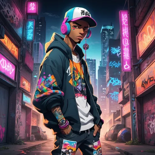 Prompt: A dynamic anime character with a hip-hop style. The character is dressed in urban streetwear, including a baggy hoodie, sneakers, and a cap worn sideways. They have vibrant, colorful graffiti-style tattoos on their arms. The character has a confident and cool expression, with a boombox on their shoulder and headphones around their neck. The background is an urban cityscape with graffiti-covered walls and neon lights. The art style is inspired by popular anime series, with bright colors, detailed features, and an energetic, action-packed vibe.