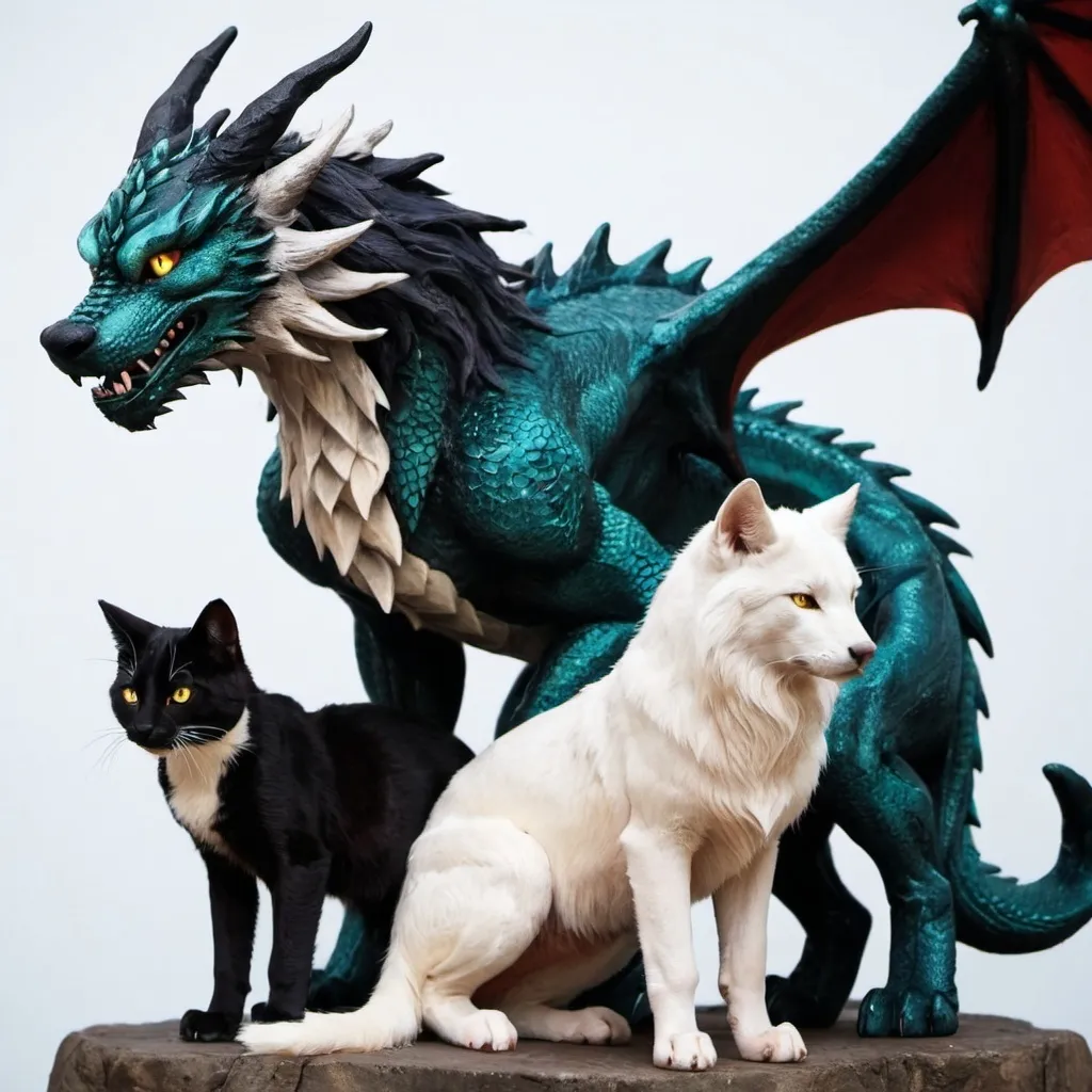 Prompt: Dragon,wolf, and cat together