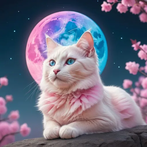 Prompt: A pastel cat with vivid colors in the backround and the blue moon