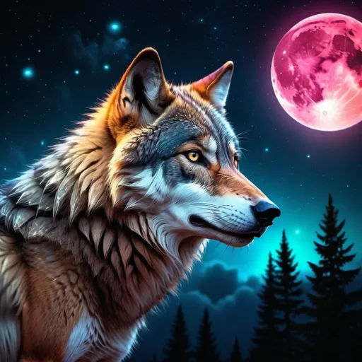 Prompt: Vived colors wolf with night sky full of stars on a full moon
