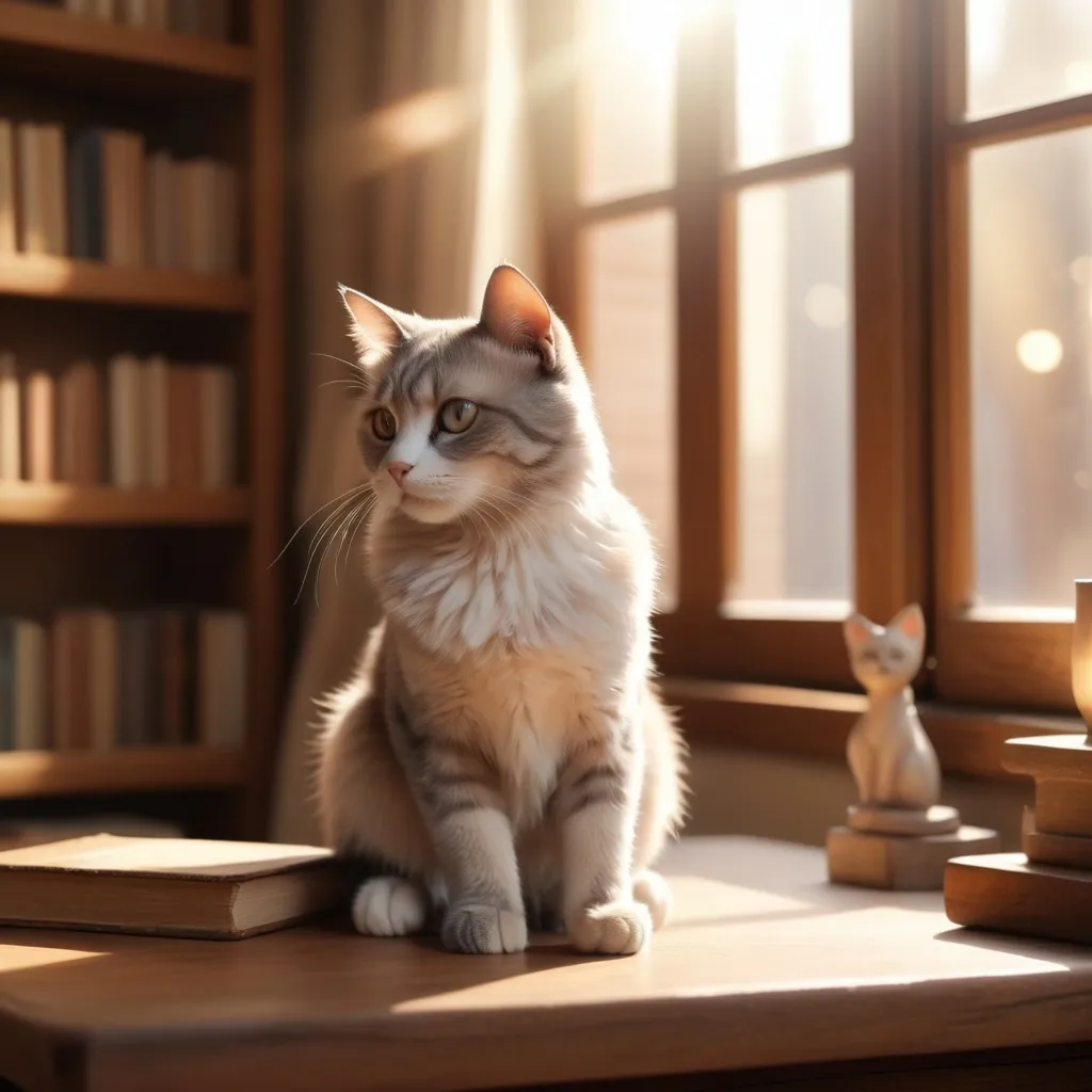 Prompt: A (cat) sitting on a table, serene ambiance, soft warm lighting, cozy room, very detailed fur, realistic eyes, charming and peaceful atmosphere, sun rays streaming through a window, wooden table with subtle textures, background showing a neatly arranged bookshelf, slight bokeh effect, muted colors, lifelike detail, ultra-detailed, 4K quality, high depth.