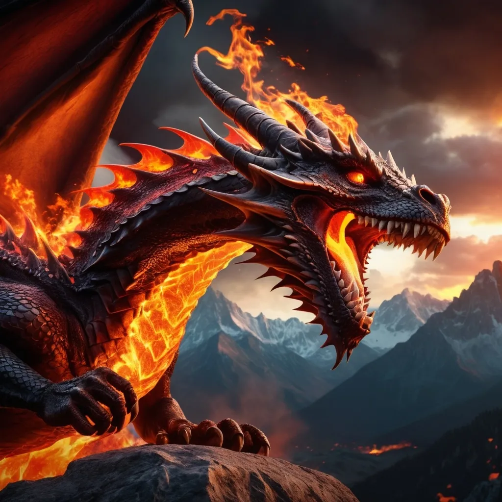 Prompt: A dragon breathing fire, vivid colors, dynamic orange and red flames, high-contrast lighting, majestic and fierce atmosphere, powerful and intense expression, intricate scale details, epic and dramatic scene, medieval fantasy background with rugged mountains and dark sky, ultra-detailed, 4K quality