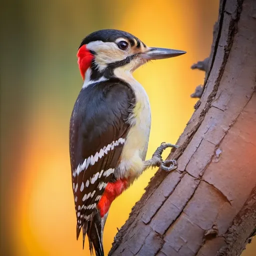 Prompt: Woodpecker with vivid pastel colors with the warm sun lighting