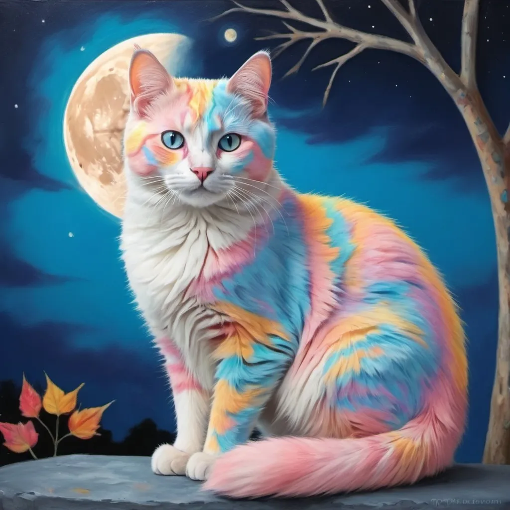 Prompt: A pastel cat with vivid colors in the backround and the blue moon