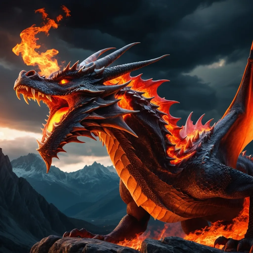 Prompt: A dragon breathing fire, vivid colors, dynamic orange and red flames, high-contrast lighting, majestic and fierce atmosphere, powerful and intense expression, intricate scale details, epic and dramatic scene, medieval fantasy background with rugged mountains and dark sky, ultra-detailed, 4K quality