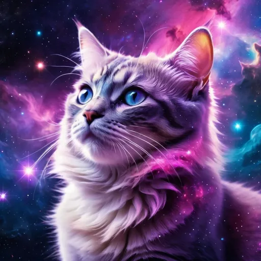 Prompt: (cat in space), vivid colors, bright nebula backdrop, galaxy with vibrant purples, blues, and pinks, glowing stars and planets, whimsical atmosphere, ethereal light, ultra-detailed, 4K quality, high-definition, mesmerizing and fantastical, deep space background, surreal and imaginative, high-contrast lighting, brilliant and luminous.