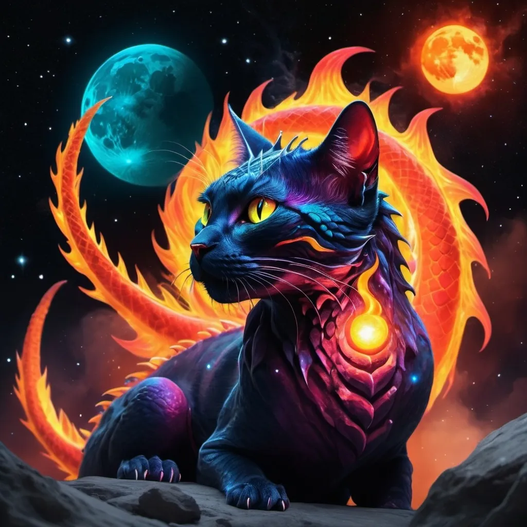 Prompt: Dragon cat breathing fire with vivid colors surrounded by the moons glow