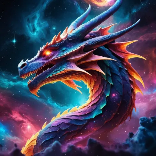 Prompt: (space dragon), vibrant galactic colors, glowing accents, cosmic background filled with nebulae and stars, luminescent scales, imposing and majestic, epic and fantastical atmosphere, dynamic lighting, sense of wonder, ultra-detailed, 4K, high contrast, mystical and otherworldly, intense and rich hues, celestial patterns, shimmering aura, deep space scenery, meticulously detailed textures, breathtaking visual masterpiece, reach-for-the-stars grandeur