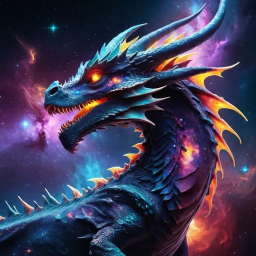 Prompt: (space dragon), vibrant galactic colors, glowing accents, cosmic background filled with nebulae and stars, luminescent scales, imposing and majestic, epic and fantastical atmosphere, dynamic lighting, sense of wonder, ultra-detailed, 4K, high contrast, mystical and otherworldly, intense and rich hues, celestial patterns, shimmering aura, deep space scenery, meticulously detailed textures, breathtaking visual masterpiece, reach-for-the-stars grandeur