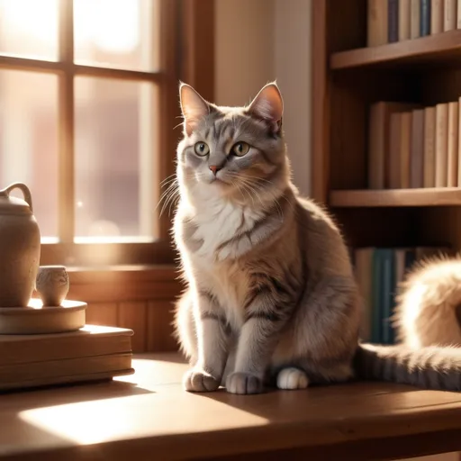 Prompt: A (cat) sitting on a table, serene ambiance, soft warm lighting, cozy room, very detailed fur, realistic eyes, charming and peaceful atmosphere, sun rays streaming through a window, wooden table with subtle textures, background showing a neatly arranged bookshelf, slight bokeh effect, muted colors, lifelike detail, ultra-detailed, 4K quality, high depth.