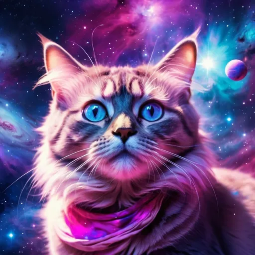 Prompt: (cat in space), vivid colors, bright nebula backdrop, galaxy with vibrant purples, blues, and pinks, glowing stars and planets, whimsical atmosphere, ethereal light, ultra-detailed, 4K quality, high-definition, mesmerizing and fantastical, deep space background, surreal and imaginative, high-contrast lighting, brilliant and luminous.