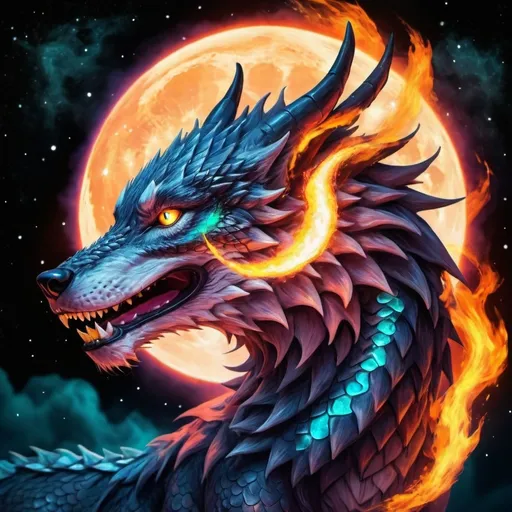 Prompt: Dragon Wolf breathing fire with vivid colors surrounded by the moons glow