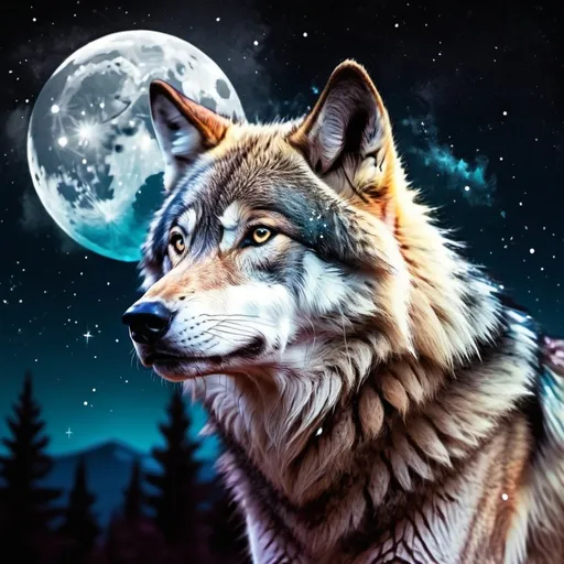 Prompt: Vived colors wolf with night sky full of stars on a full moon
