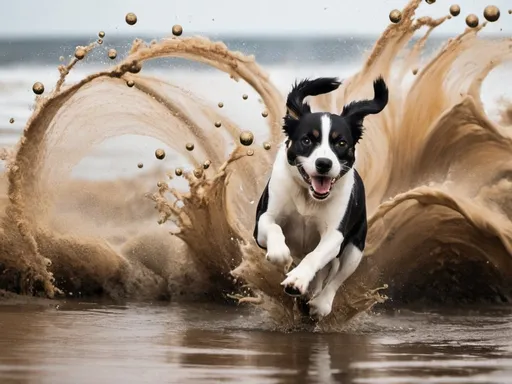 Prompt: dogs running on water, sand. Around 30 dogs in black and white, gold, black, caramel, white, brown. a little bubbles around