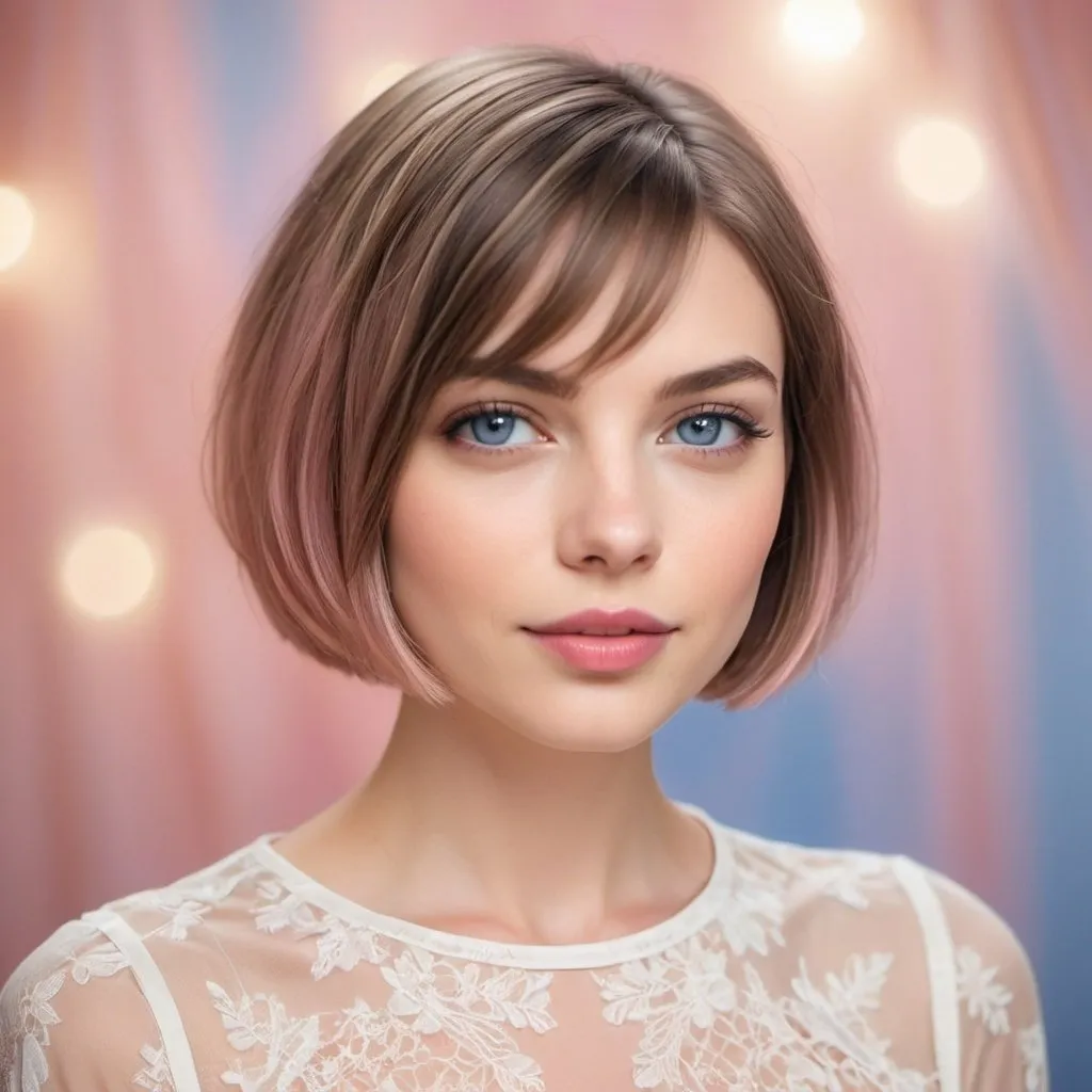 Prompt: "A beautiful young woman with a chic short bob haircut, glossy strands with subtle highlights, deep blue eyes, flawless peachy complexion, soft rose lips, wearing a light, flowing blouse with delicate lace detailing, standing in front of a blurred, colorful background."
