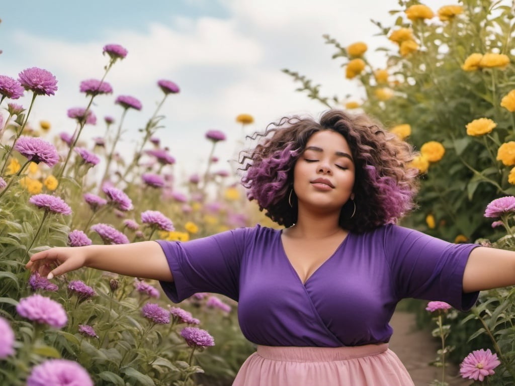 Prompt: Girl in a pink and purple and blue flower garden. with curly, bob cut hair. Yellow tan brown skin. Plus XL size body. Closed Eyes. Hands wide spread while enjoying breeze.